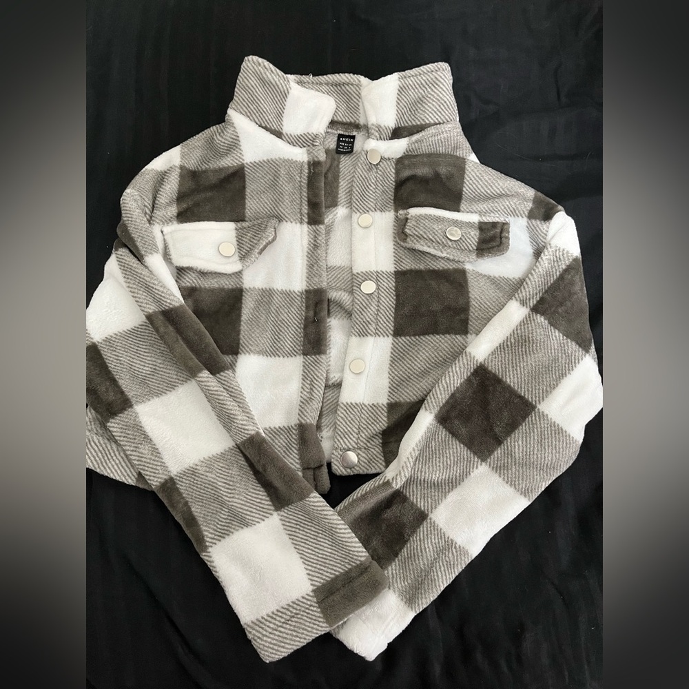 Plaid Snap-Front Fleece Jacket - White & Brown